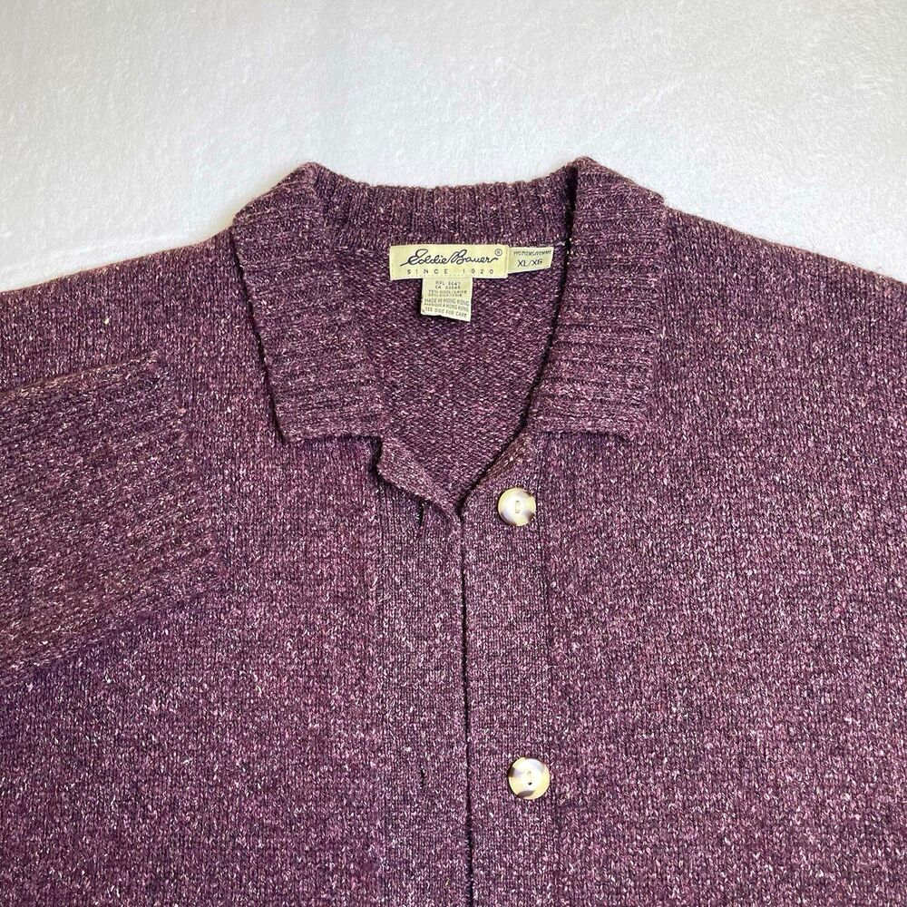 Vintage Eddie Bauer Wool Silk Cardigan Sweater Women XL Purple Collared Pocket